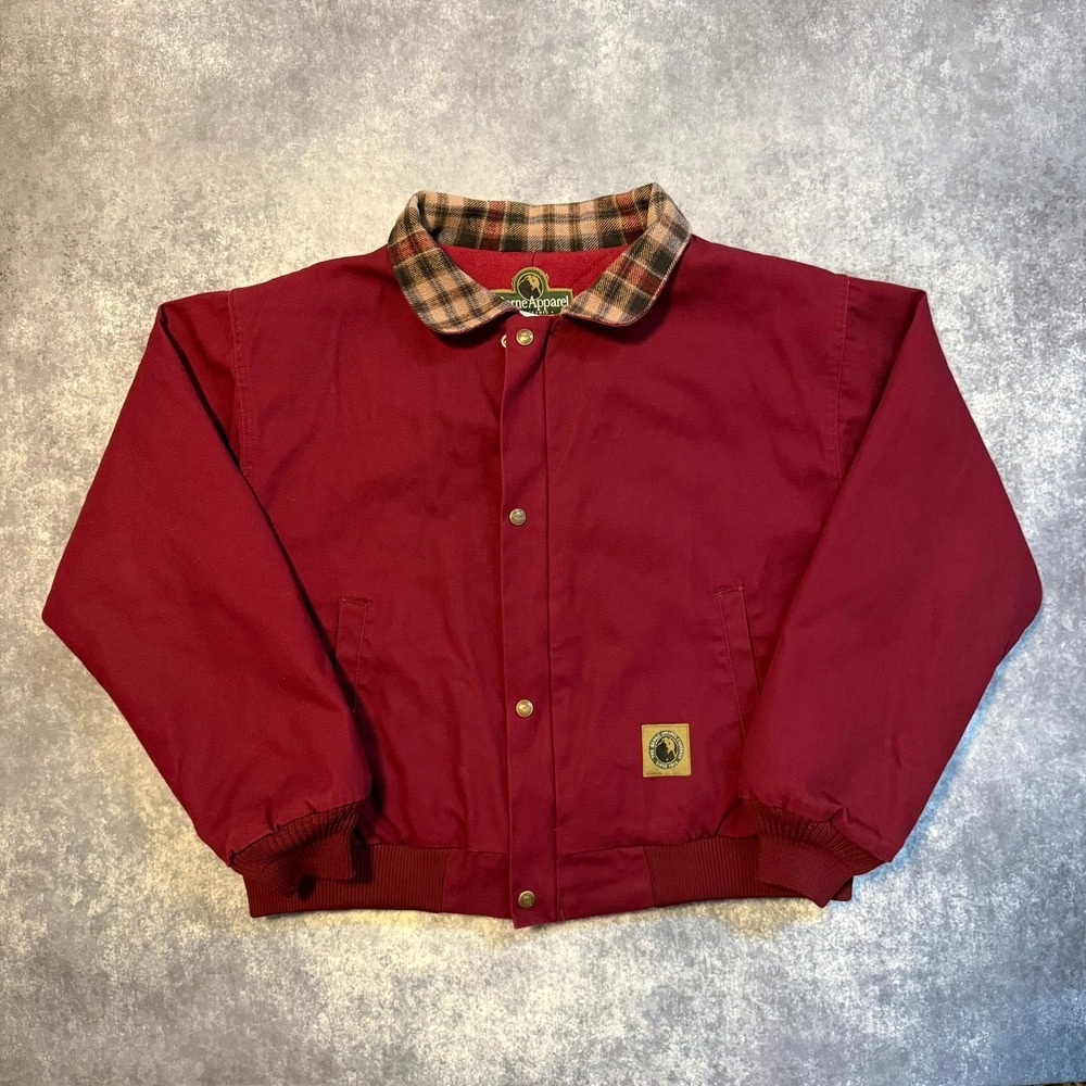 Vintage Berne Apparel Womens XL Maroon Canvas Bomber Jacket Plaid Collar Quilted
